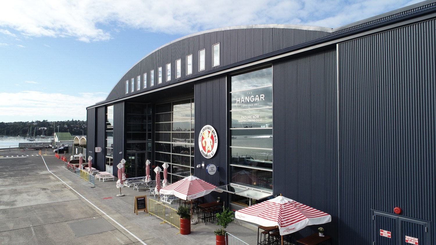 The Hangar at Catalina Bay with its curved corrugate roof