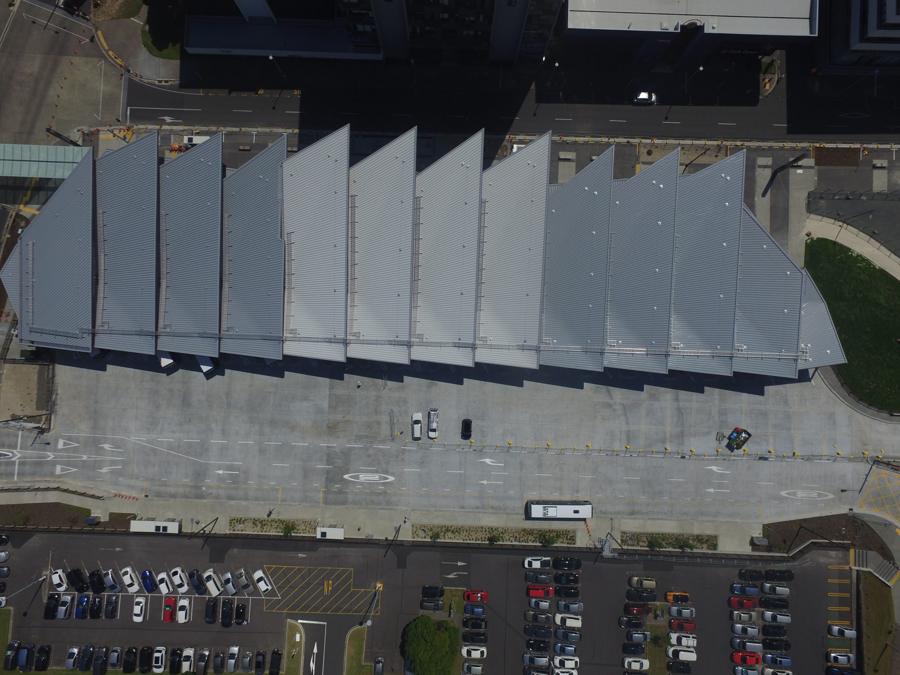 Aerial view of the fanning kite roof at Manukau Bus Interchange