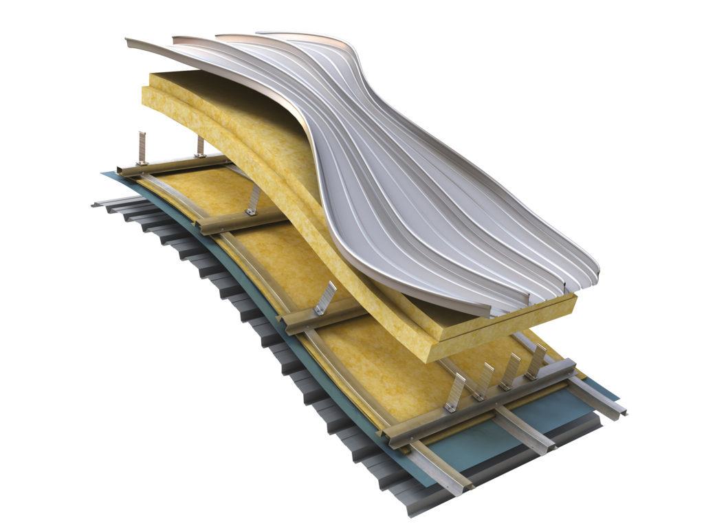 Cutaway of a KingZip curved and tapered roof build-up